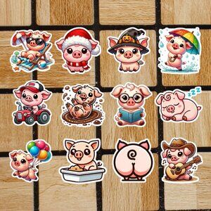 Cute Kawaii Pig Sticker Pack of 12 Vinyl Stickers Waterproof Pigs Sticker Set